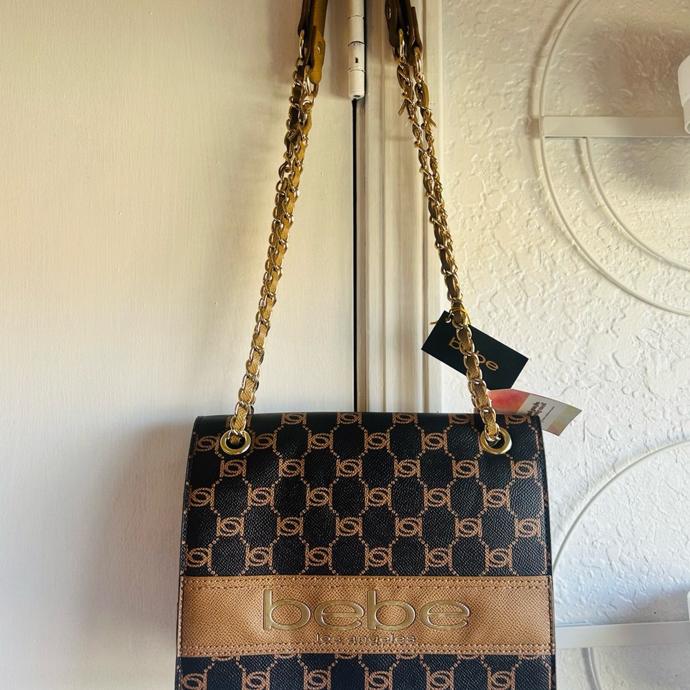 Bebe Black and Tan Logo Shoulder Bag